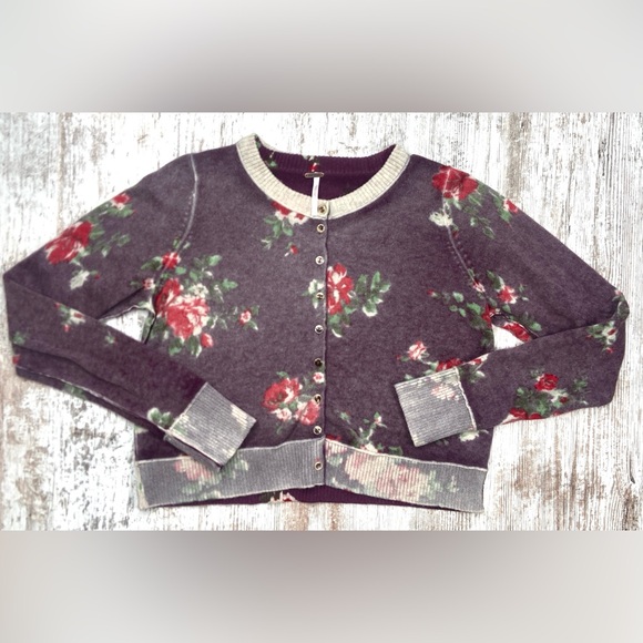 HTF Free People Patterned Cashmere Floral Cardi Malbec Combo Purple Large EUC - Picture 4 of 10